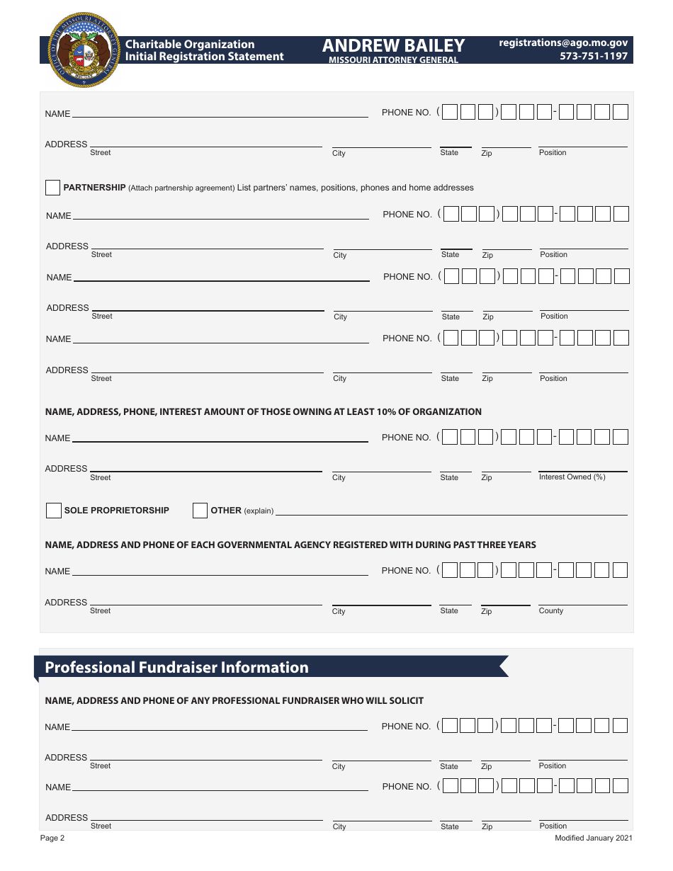 Charitable Organization Initial Registration Statement - Missouri, Page 2