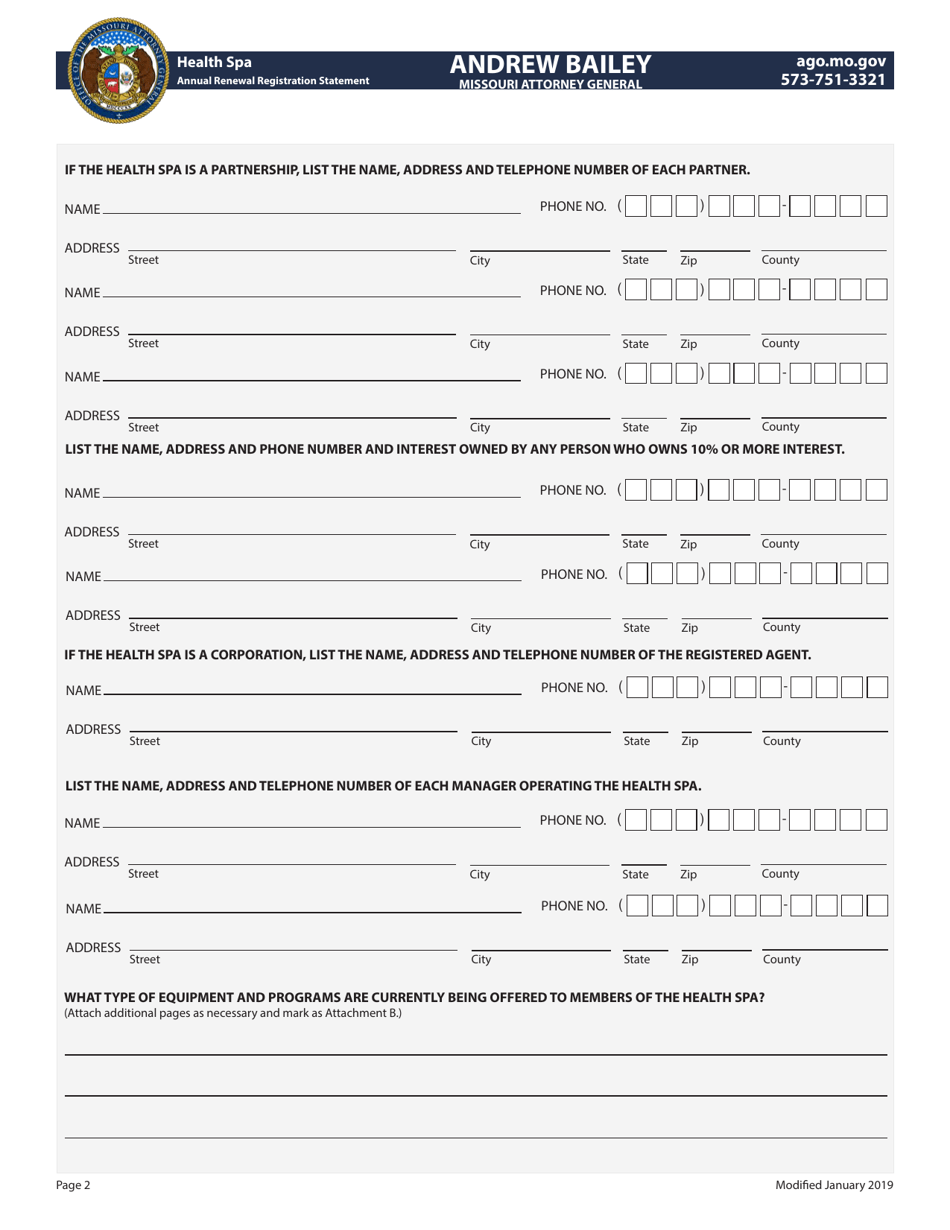 Health SPA Annual Renewal Registration Statement - Missouri, Page 2