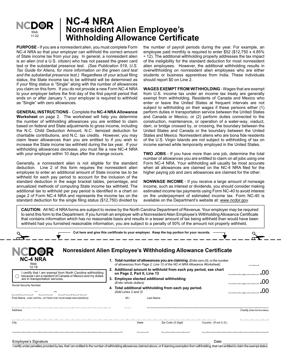 Form Nc 4 Nra Download Printable Pdf Or Fill Online Nonresident Alien Employees Withholding 4687