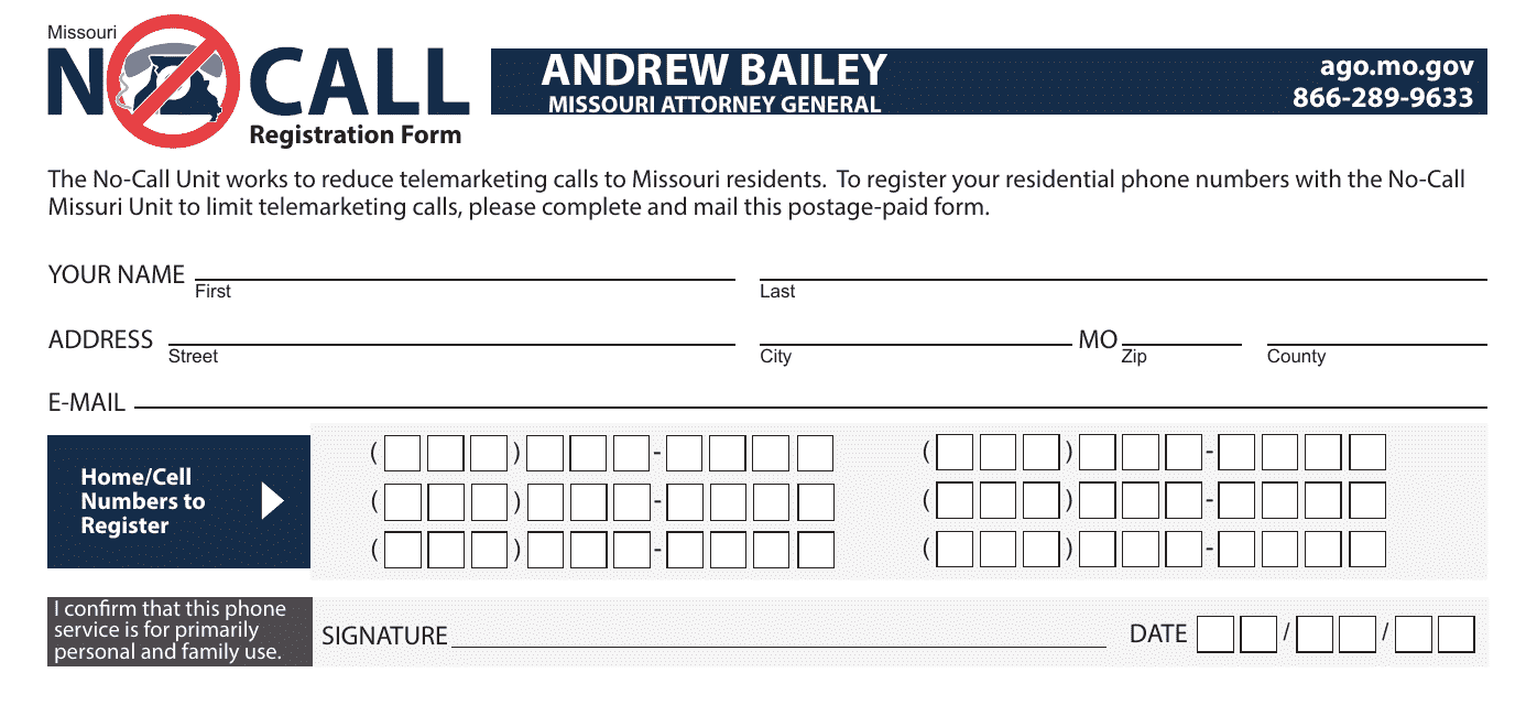 No Call Registration Form - Missouri Download Pdf