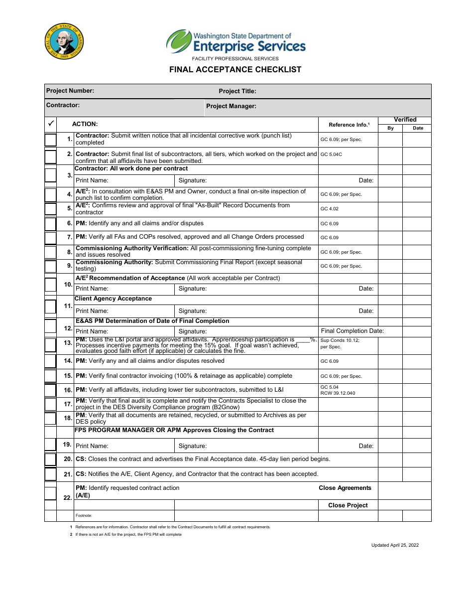 Final Acceptance Checklist - Washington, Page 1