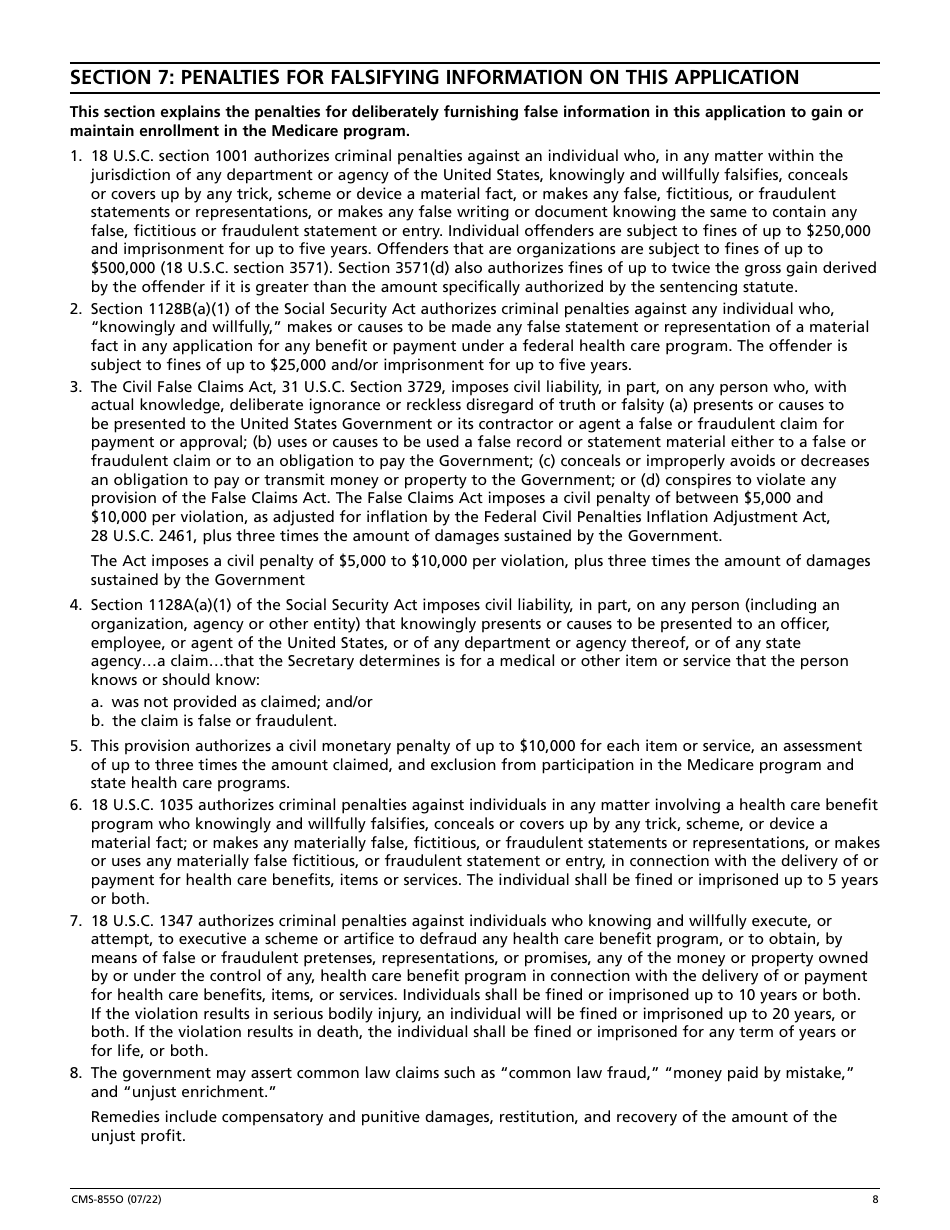Form CMS-855O Medicare Enrollment Application - Registration for Eligible Ordering and Referring Physicians and Non-physician Practitioners, Page 9