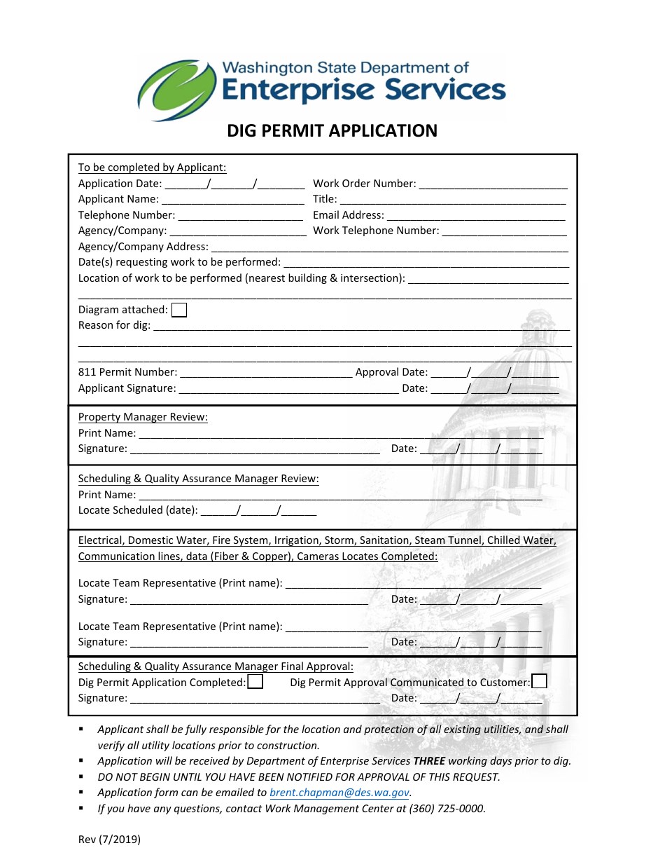 Dig Permit Authorization Application - Washington, Page 1