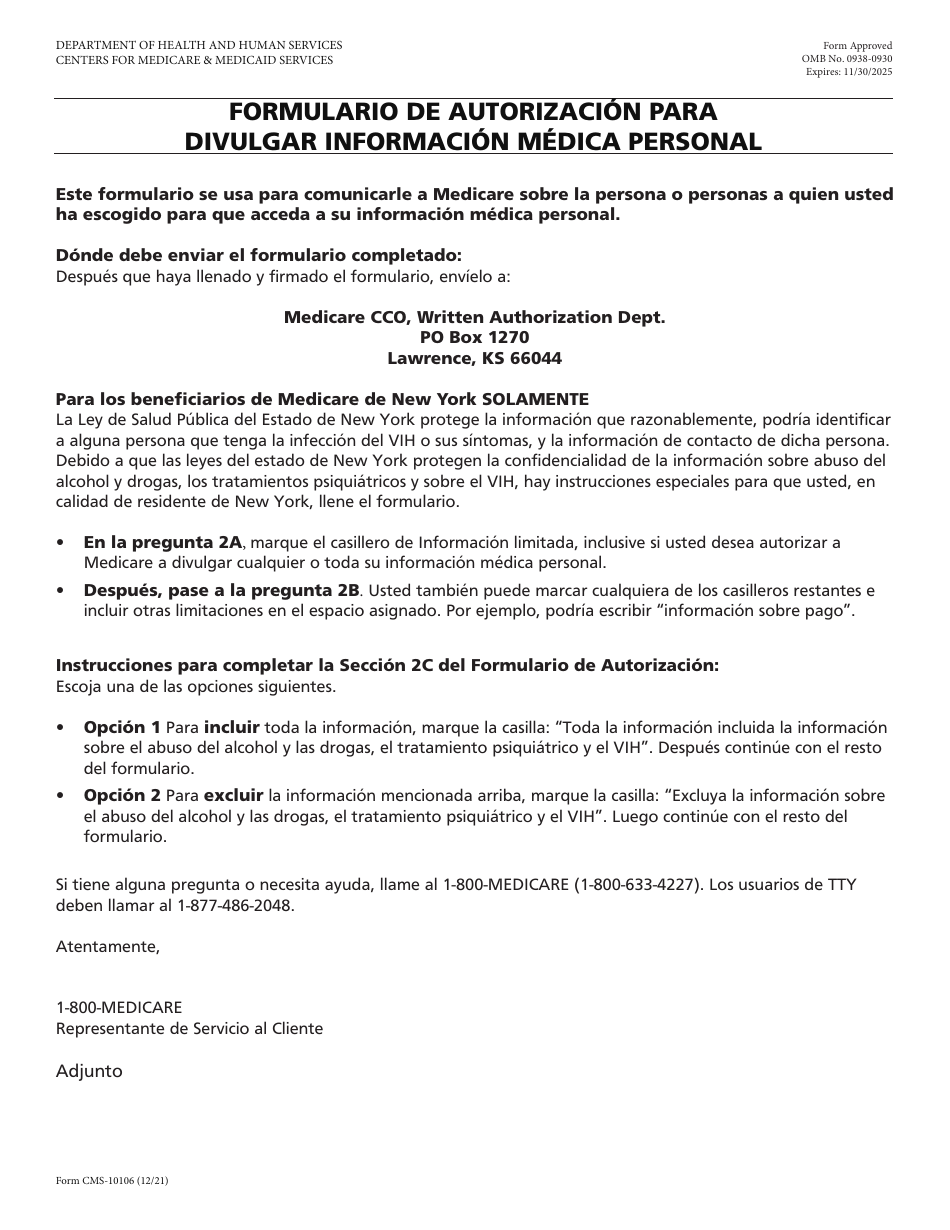 Formulario CMS-10106 Autorizacion a 1-800-medicare Para La Divulgacion De Informacion Medica Personal (Spanish), Page 1