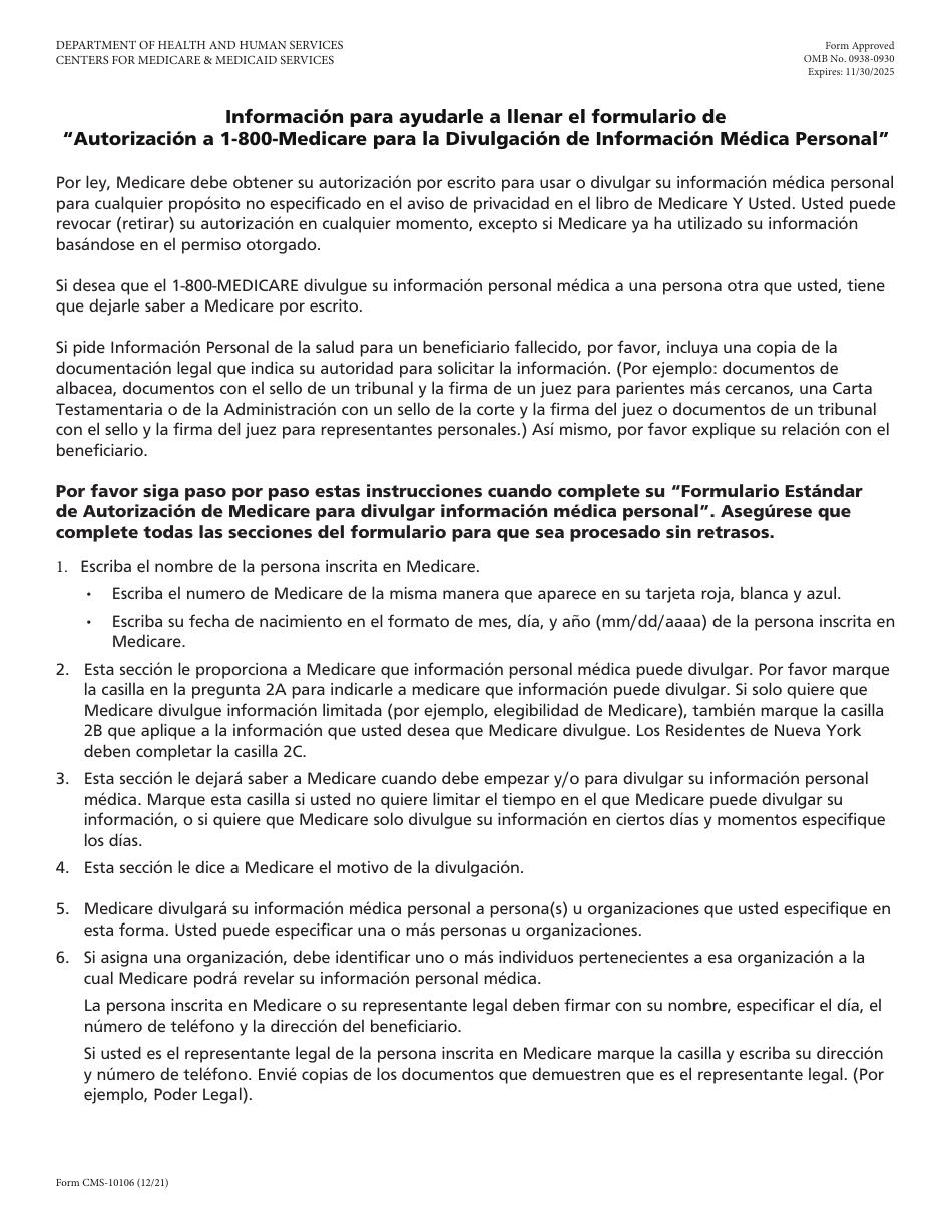 Formulario CMS-10106 Autorizacion a 1-800-medicare Para La Divulgacion De Informacion Medica Personal (Spanish), Page 2