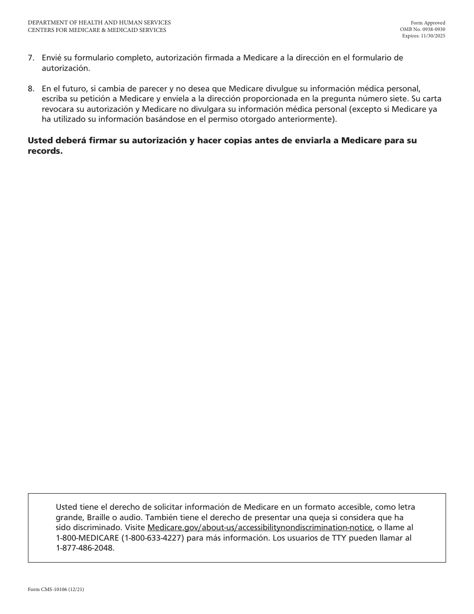 Formulario CMS-10106 Autorizacion a 1-800-medicare Para La Divulgacion De Informacion Medica Personal (Spanish), Page 3