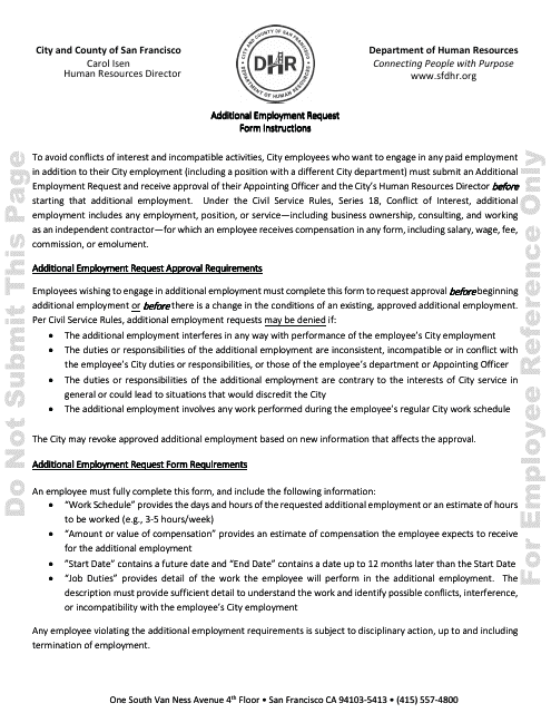 Additional Employment Request Form - City and County of San Francisco, California Download Pdf