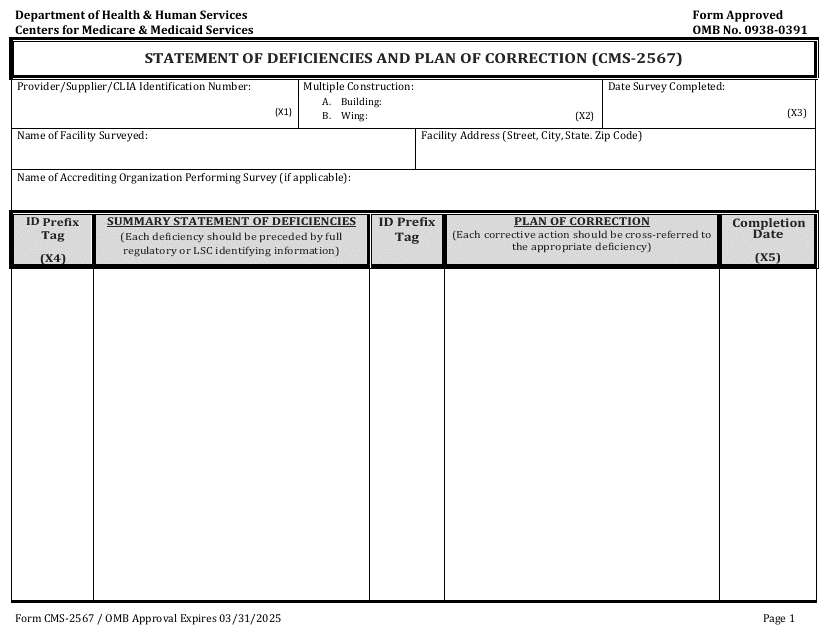 Form CMS-2567 Statement of Deficiencies and Plan of Correction