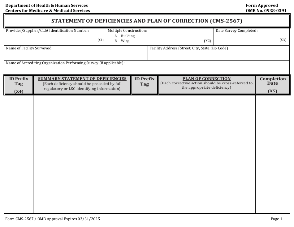 Form CMS-2567 Statement of Deficiencies and Plan of Correction, Page 1