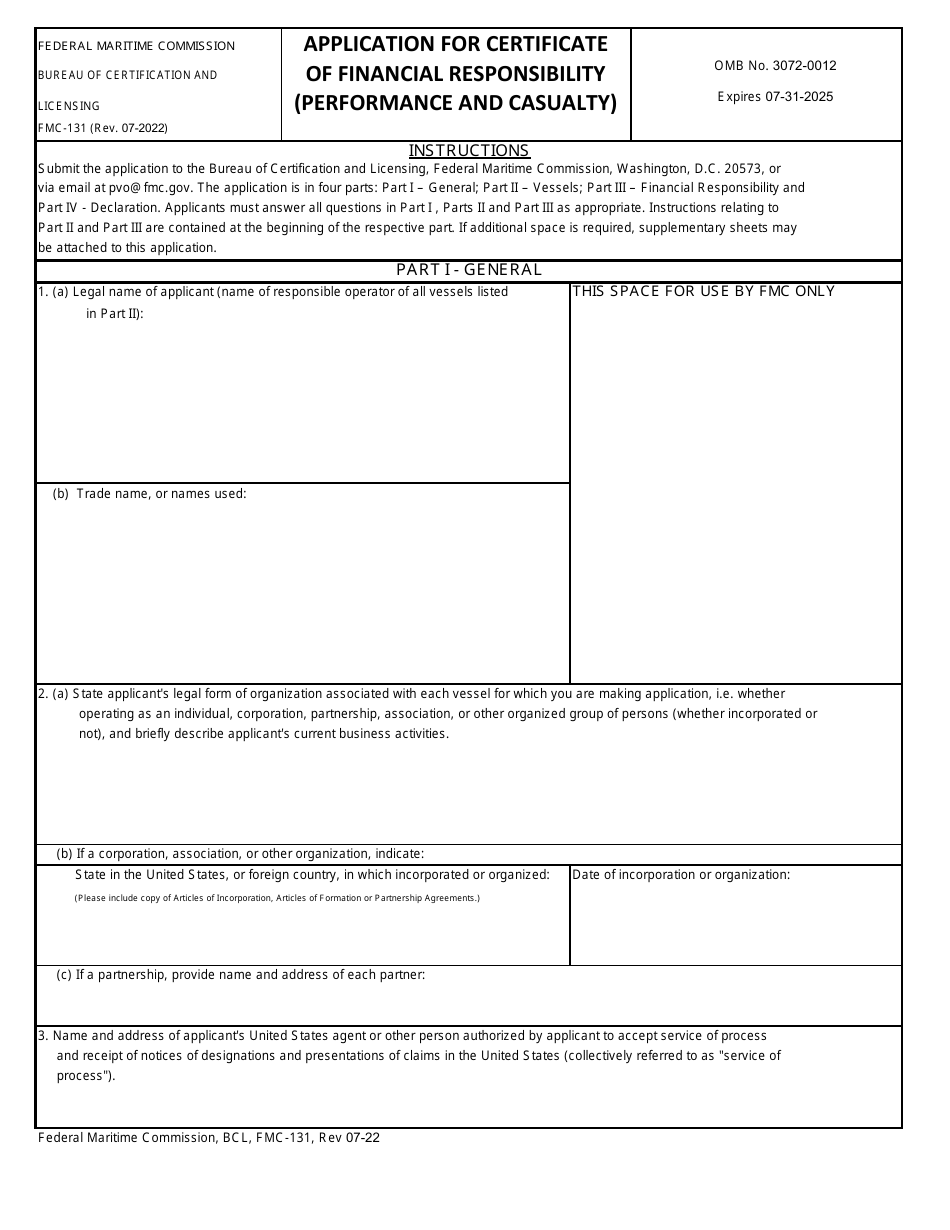 Form FMC-131 Application for Certificate of Financial Responsibility (Performance and Casualty), Page 1