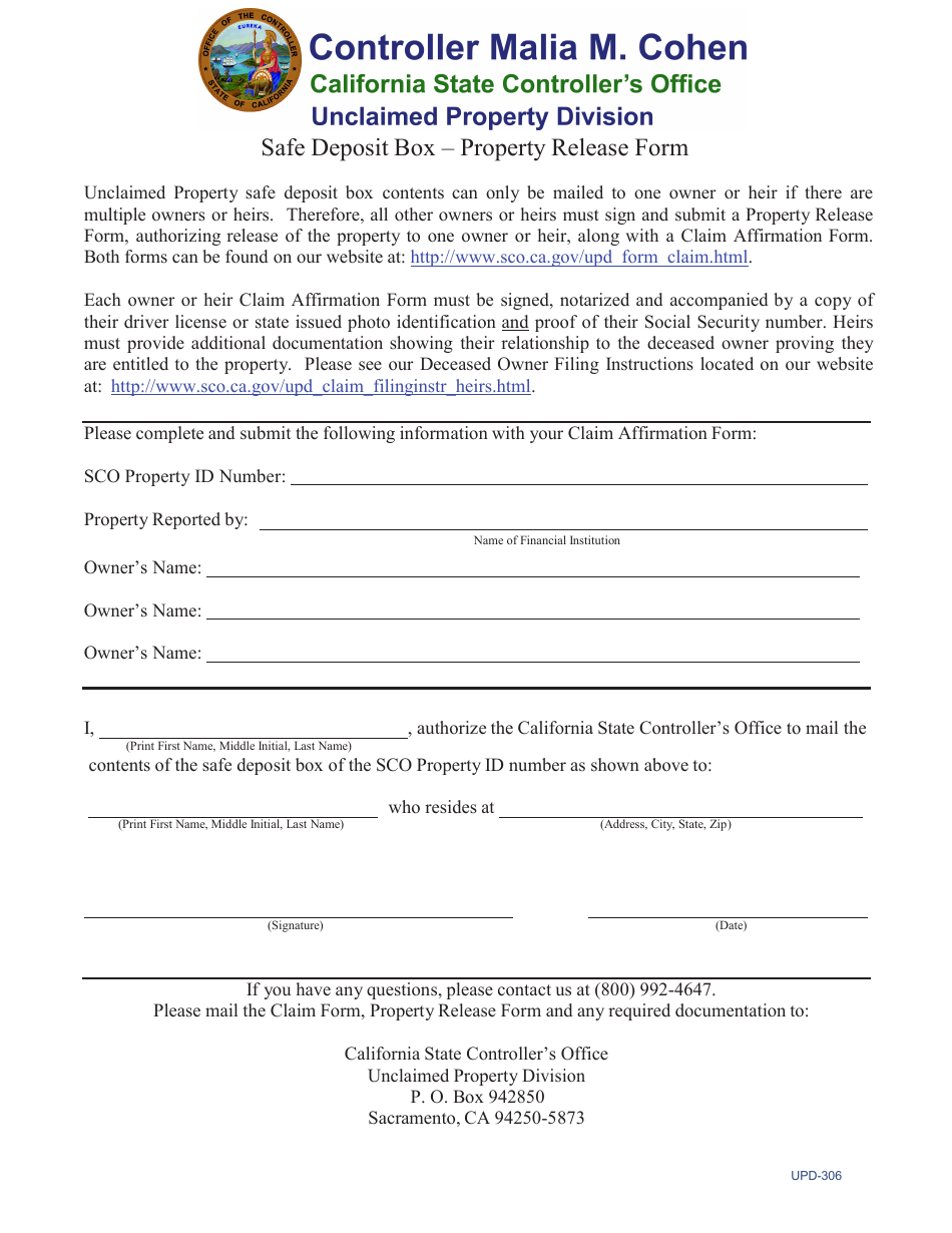 Form UPD-306 Safe Deposit Box - Property Release Form - California, Page 1