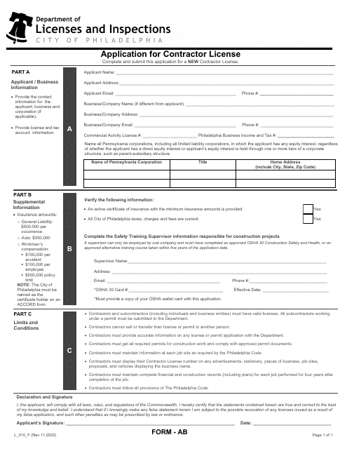 Form AB (L_010_F) Application for Contractor License - City of Philadelphia, Pennsylvania