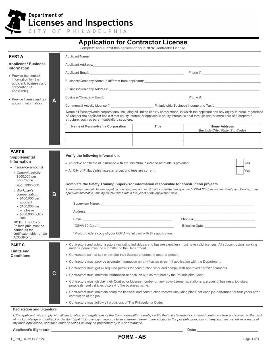 Form AB (L_010_F) Application for Contractor License - City of Philadelphia, Pennsylvania, Page 1