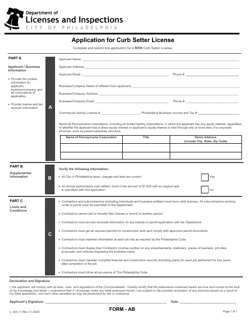 Form AB (L_020_F) Application for Curb Setter License - City of Philadelphia, Pennsylvania