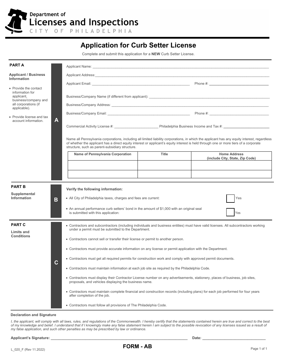 Form AB (L_020_F) Application for Curb Setter License - City of Philadelphia, Pennsylvania, Page 1