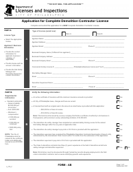 Document preview: Form AB (L_019_F) Application for Complete Demolition Contractor License - City of Philadelphia, Pennsylvania