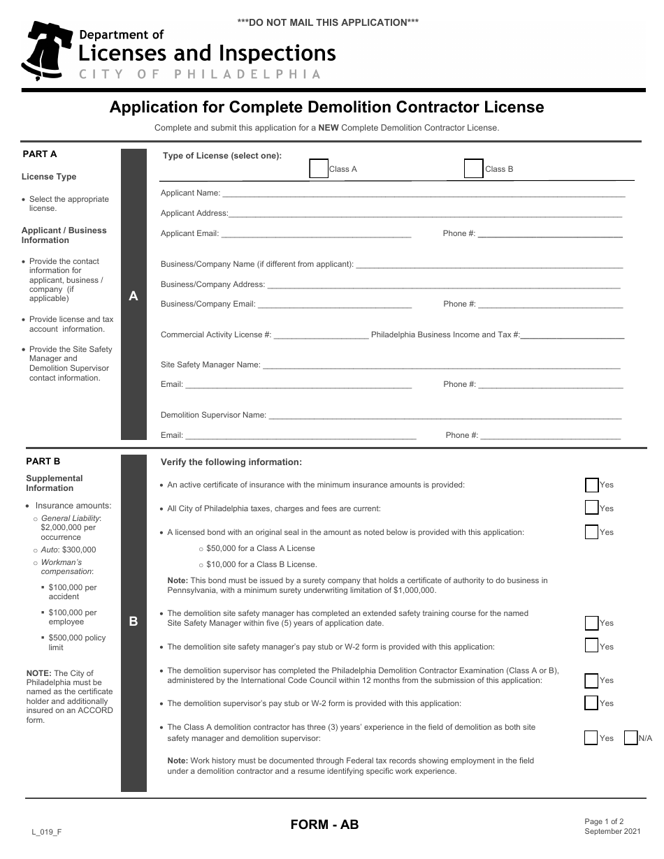 Form AB (L_019_F) Application for Complete Demolition Contractor License - City of Philadelphia, Pennsylvania, Page 1