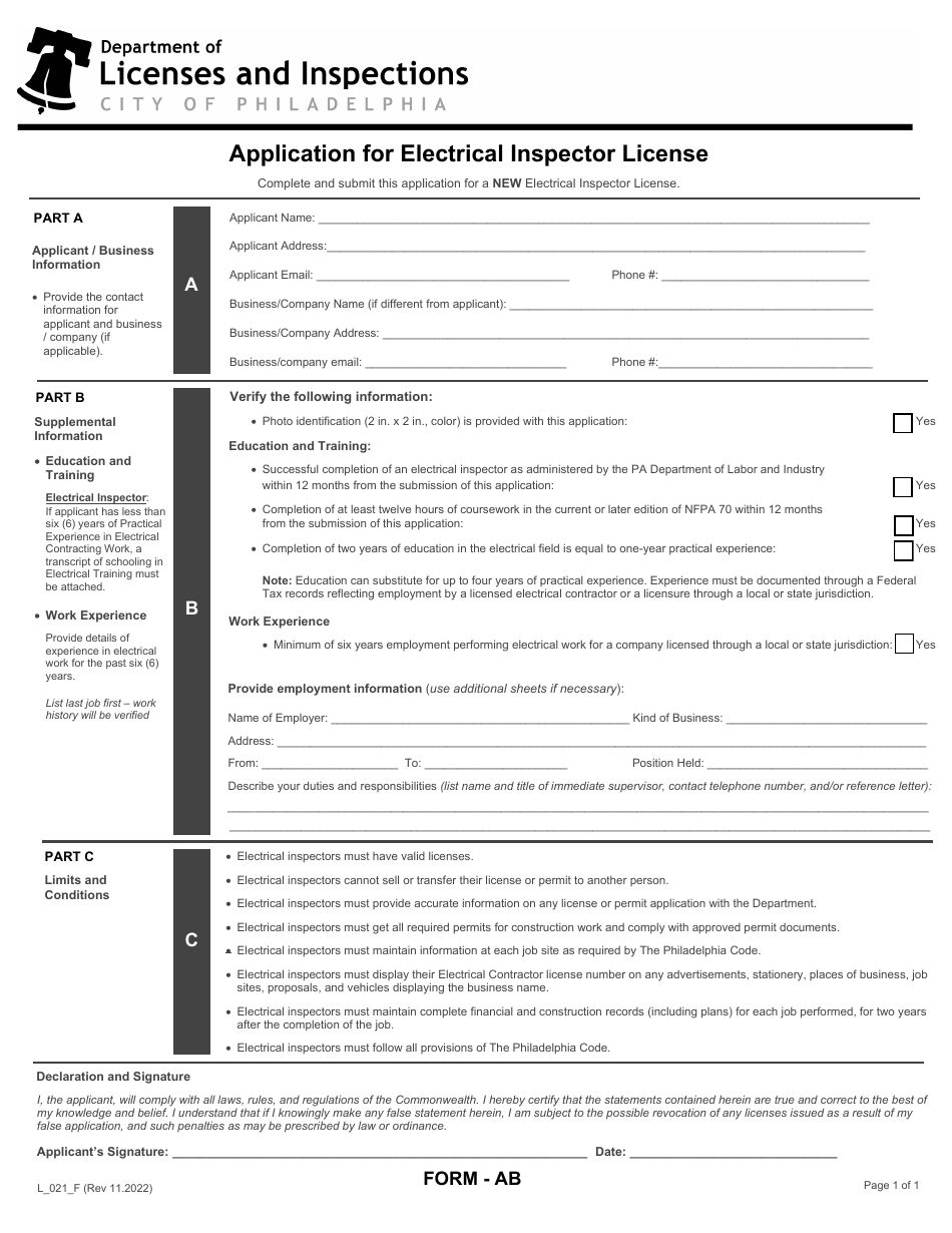 Form AB (L_021_F) Application for Electrical Inspector License - City of Philadelphia, Pennsylvania, Page 1