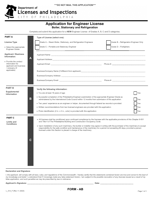 Form AB (L_012_F) Application for Engineer License - Boiler, Stationary and Refrigeration - City of Philadelphia, Pennsylvania