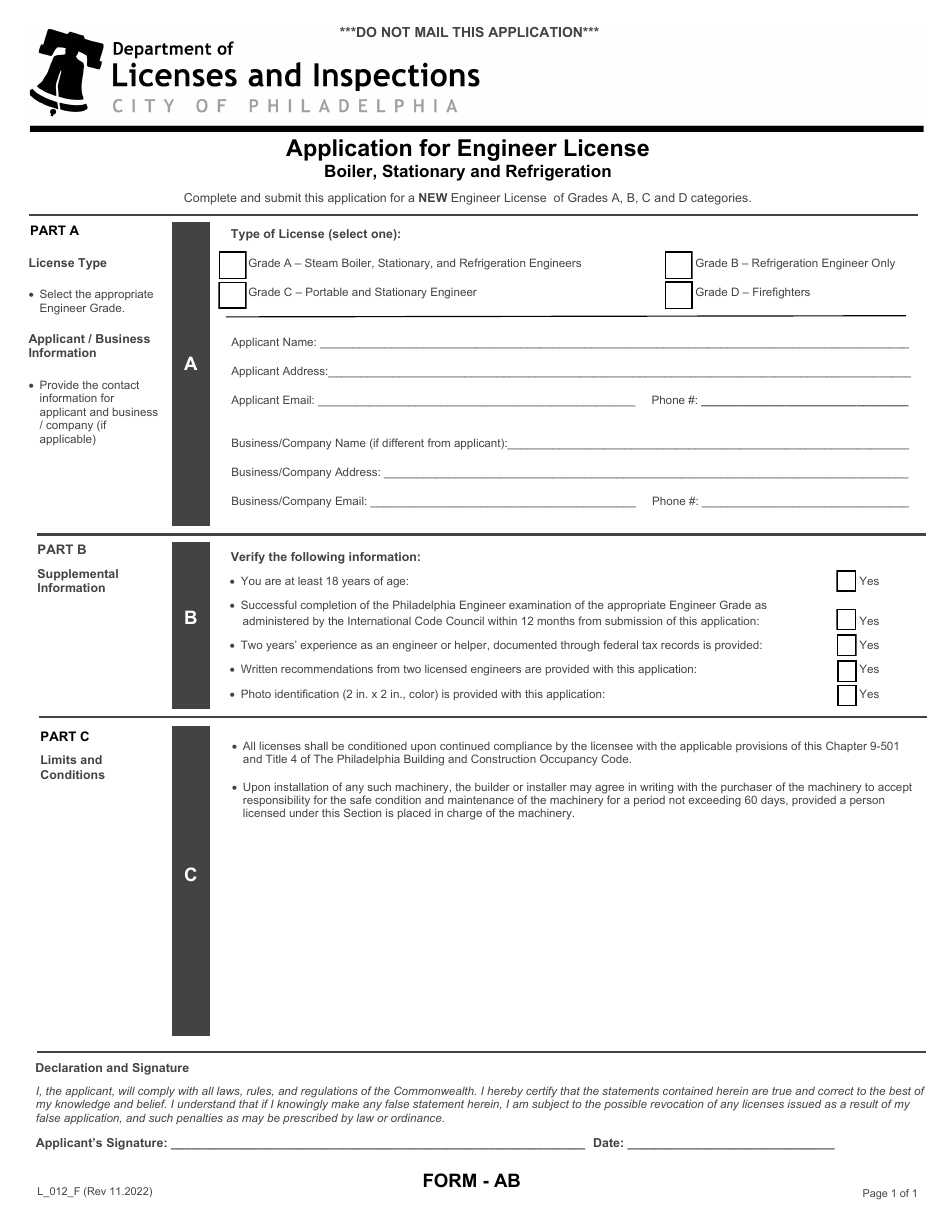 Form AB (L_012_F) Application for Engineer License - Boiler, Stationary and Refrigeration - City of Philadelphia, Pennsylvania, Page 1