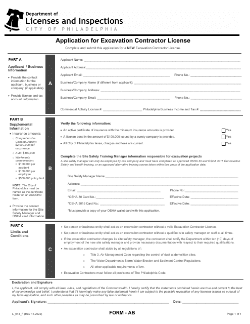 Form AB (L_044_F) Application for Excavation Contractor License - City of Philadelphia, Pennsylvania