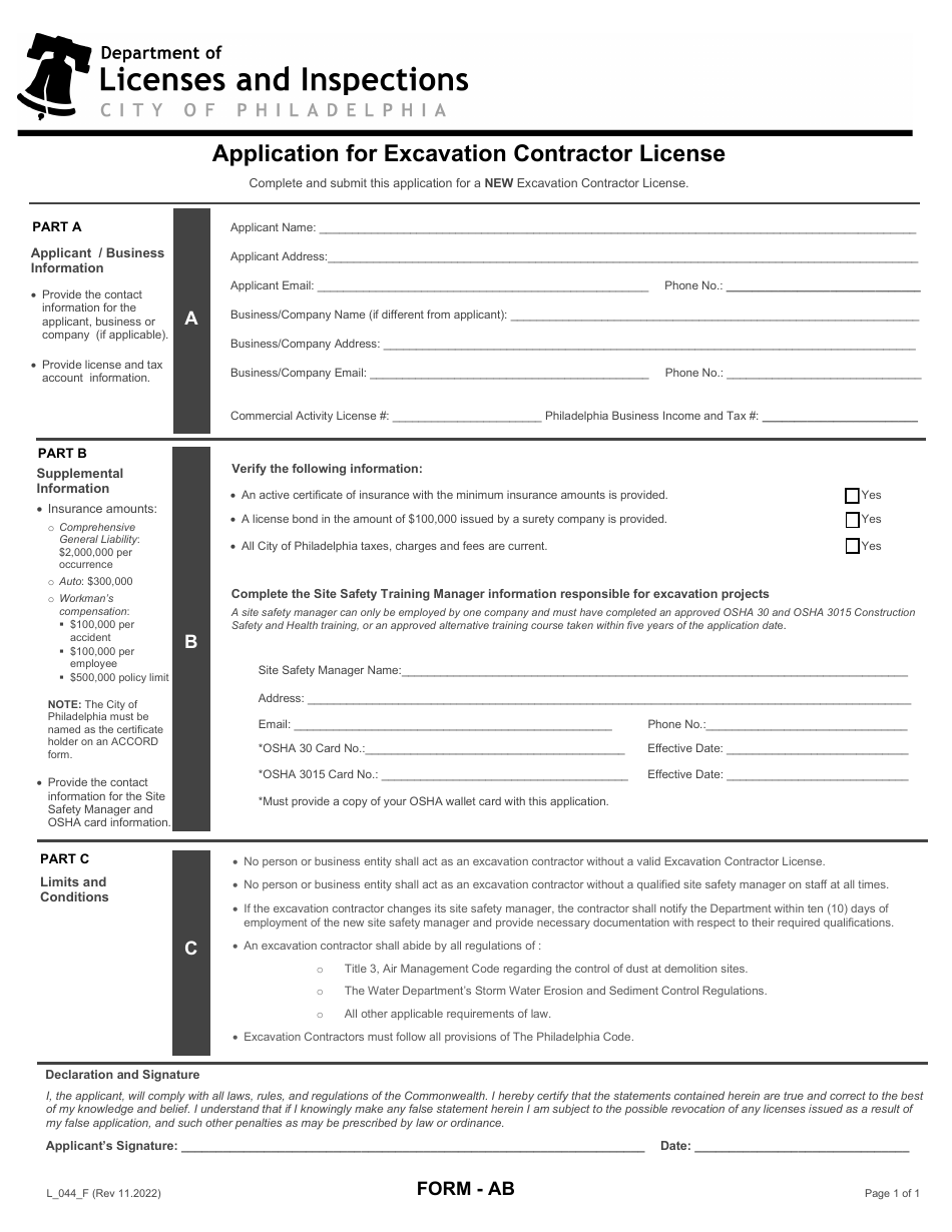 Form AB (L_044_F) Application for Excavation Contractor License - City of Philadelphia, Pennsylvania, Page 1