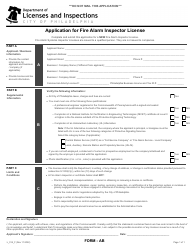 Document preview: Form AB (L_014_F) Application for Fire Alarm Inspector License - City of Philadelphia, Pennsylvania