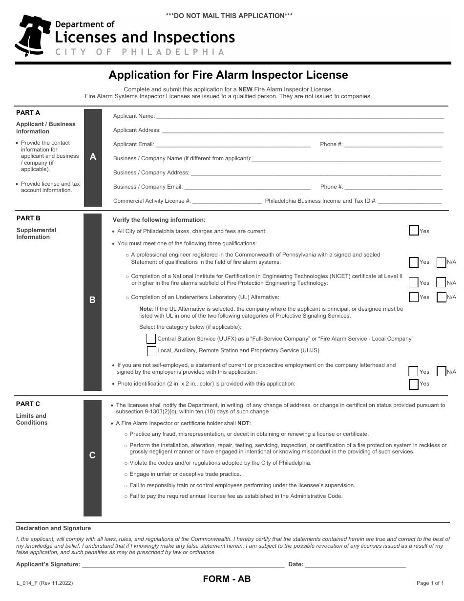 Form AB (L_014_F) Application for Fire Alarm Inspector License - City of Philadelphia, Pennsylvania, Page 1