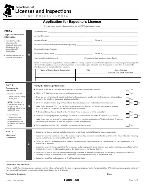 Form AB (L_013_F) Application for Expediters License - City of Philadelphia, Pennsylvania