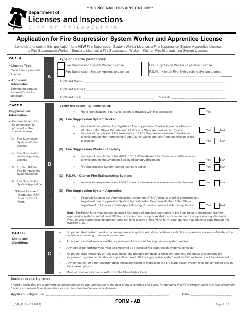 Form AB (L_009_F) Application for Fire Suppression System Worker and Apprentice License - City of Philadelphia, Pennsylvania