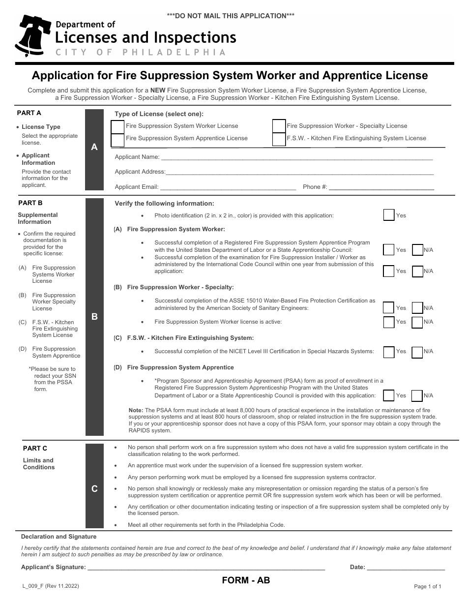 Form AB (L_009_F) Application for Fire Suppression System Worker and Apprentice License - City of Philadelphia, Pennsylvania, Page 1