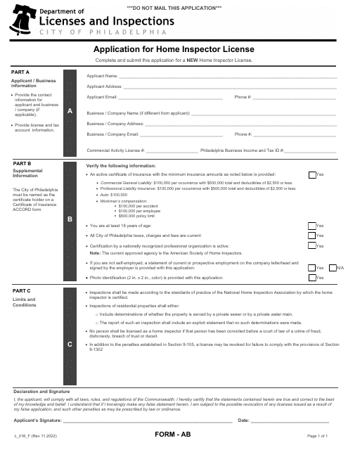 Form AB (L_016_F) Application for Home Inspector License - City of Philadelphia, Pennsylvania