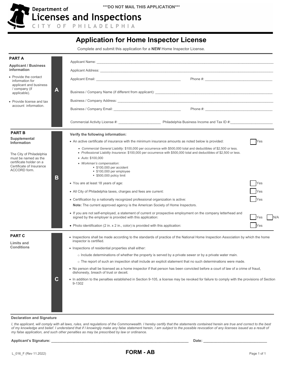 Form AB (L_016_F) Application for Home Inspector License - City of Philadelphia, Pennsylvania, Page 1