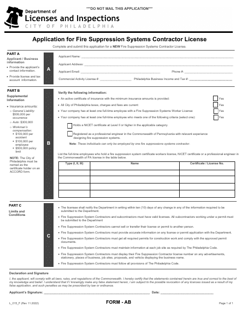 Form AB (L_015_F) Application for Fire Suppression Systems Contractor License - City of Philadelphia, Pennsylvania