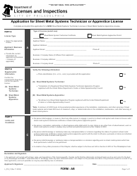 Document preview: Form AB (L_018_F) Application for Sheet Metal Systems Technician or Apprentice License - City of Philadelphia, Pennsylvania