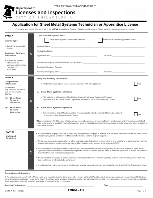 Form AB (L_018_F) Application for Sheet Metal Systems Technician or Apprentice License - City of Philadelphia, Pennsylvania