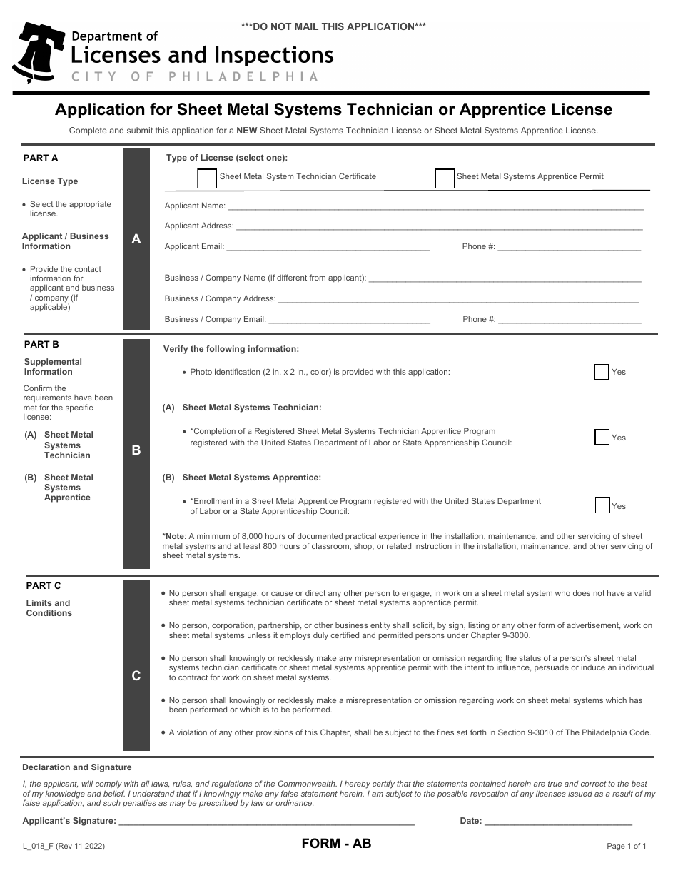 Form AB (L_018_F) Application for Sheet Metal Systems Technician or Apprentice License - City of Philadelphia, Pennsylvania, Page 1