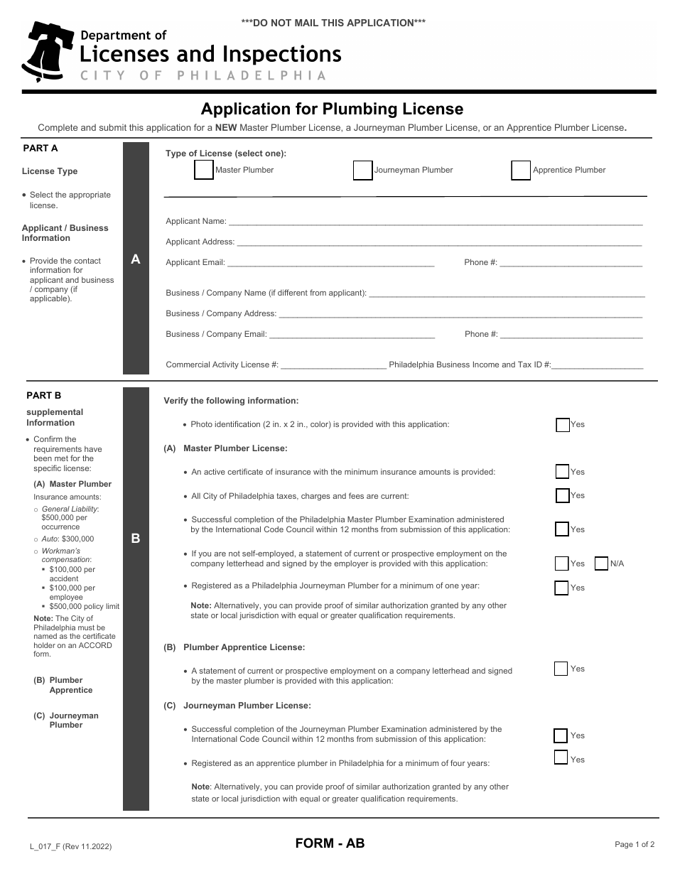 Form L_017_F Application for Plumbing License - City of Philadelphia, Pennsylvania, Page 1