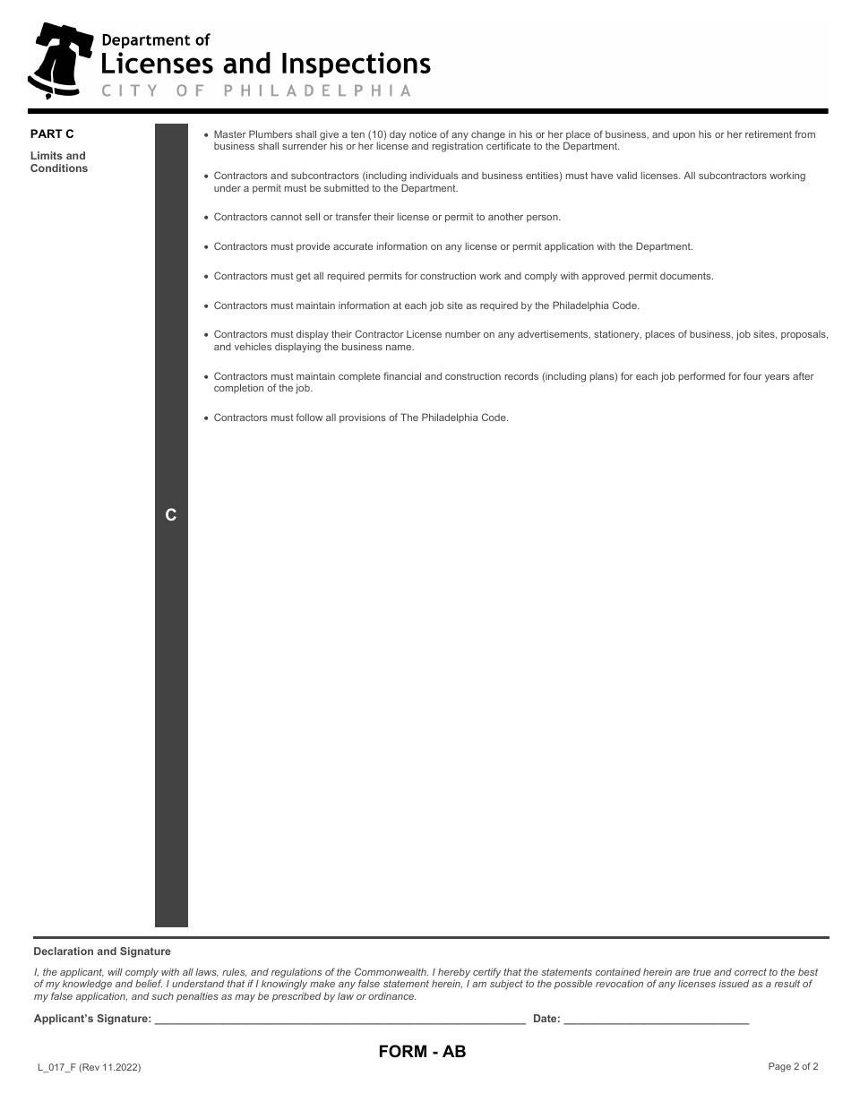 Form L_017_F Application for Plumbing License - City of Philadelphia, Pennsylvania, Page 2