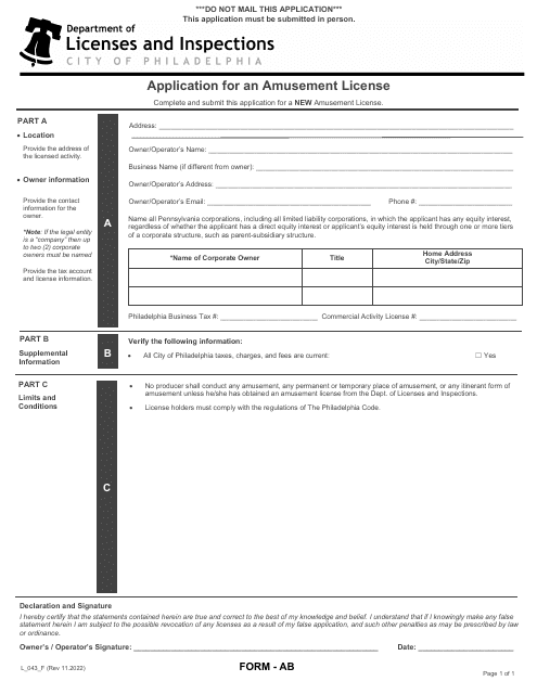 Form AB (L_043_F) Application for an Amusement License - City of Philadelphia, Pennsylvania
