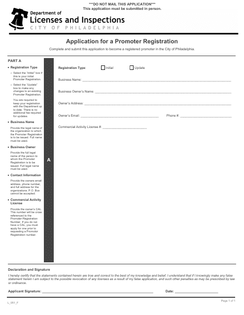 Form L_051_F Application for a Promoter Registration - City of Philadelphia, Pennsylvania