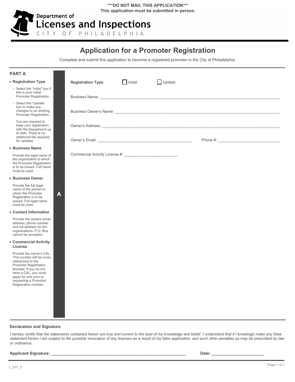 Form L_051_F Application for a Promoter Registration - City of Philadelphia, Pennsylvania, Page 1