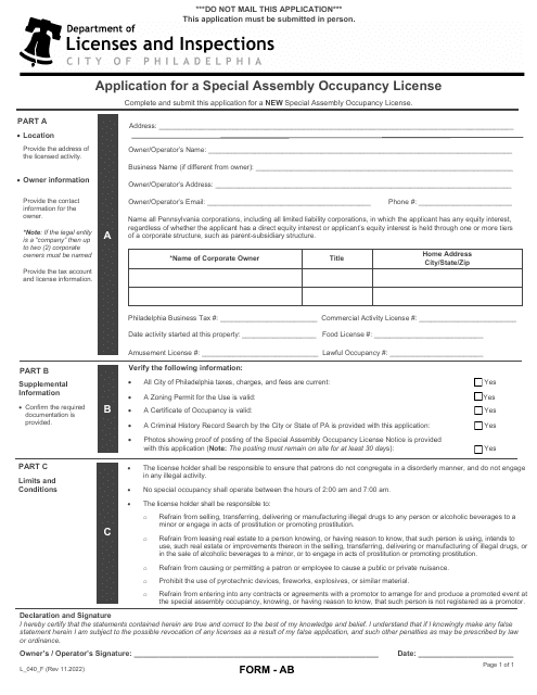 Form AB (L_040_F) Application for a Special Assembly Occupancy License - City of Philadelphia, Pennsylvania