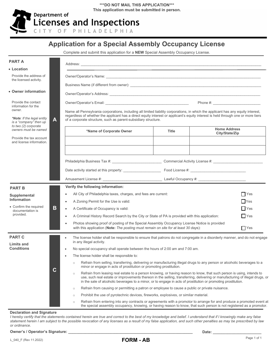 Form AB (L_040_F) Application for a Special Assembly Occupancy License - City of Philadelphia, Pennsylvania, Page 1