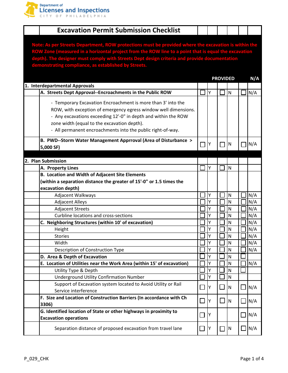 Form P_029_CHK Excavation Permit Submission Checklist - City of Philadelphia, Pennsylvania, Page 1