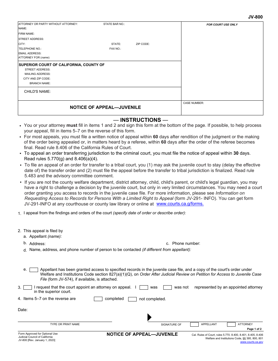 Form JV-800 Notice of Appeal - Juvenile - California, Page 1