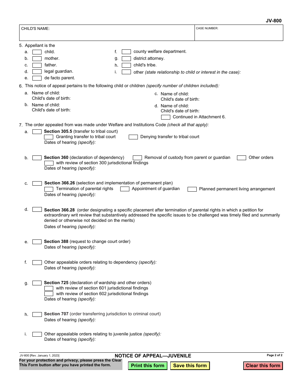 Form JV-800 Notice of Appeal - Juvenile - California, Page 2