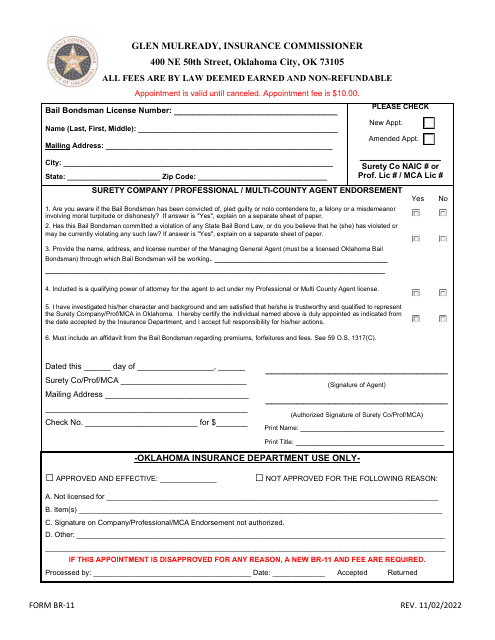 Form BR-11 Bondsman Appointment Form - Oklahoma