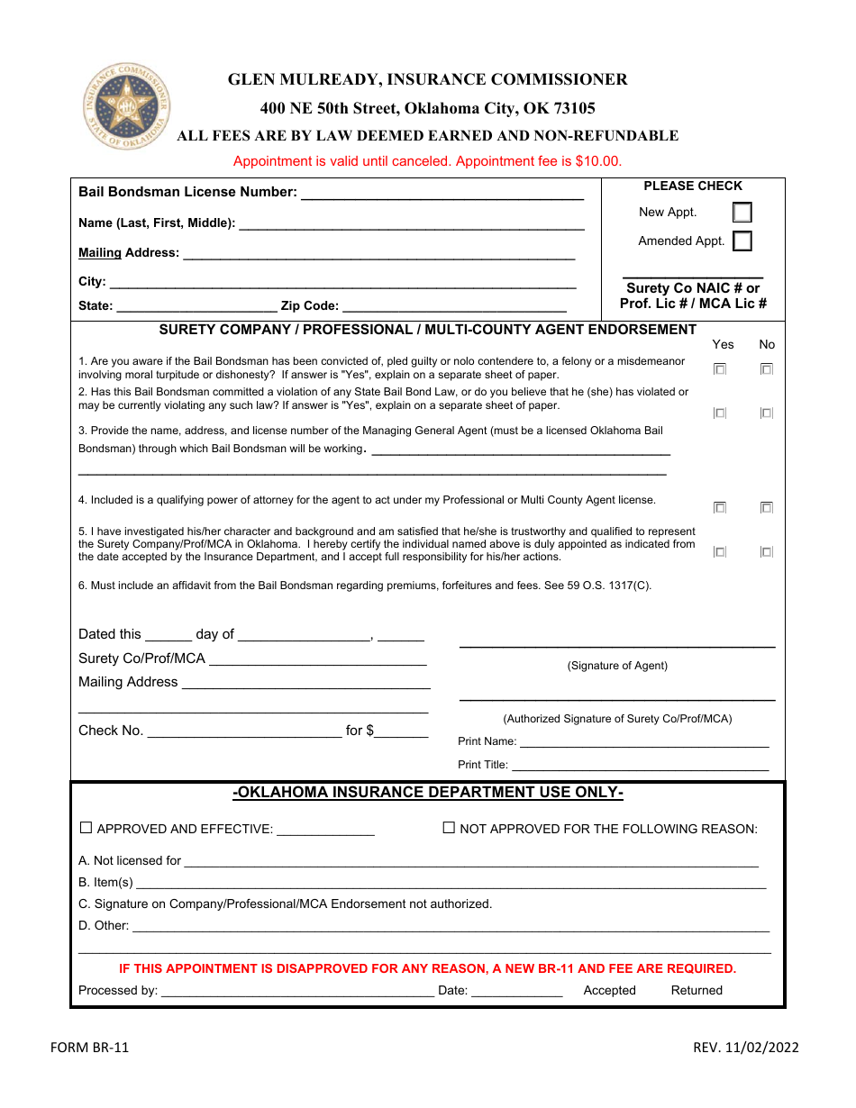Form BR-11 Bondsman Appointment Form - Oklahoma, Page 1