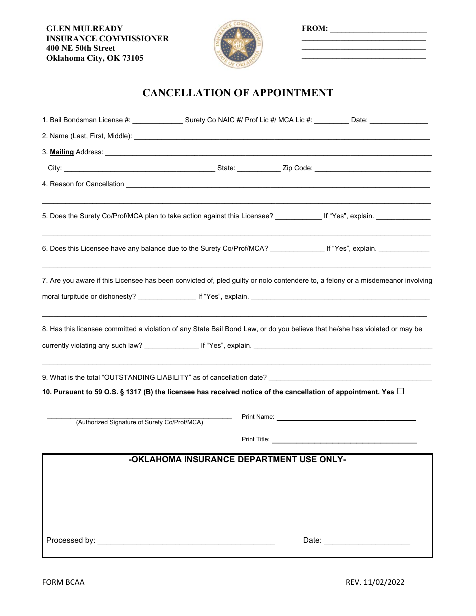 Form BCAA Cancellation of Appointment - Oklahoma, Page 1